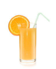 Orange juice and slices of orange isolated on white