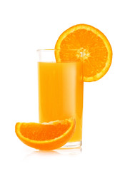 Orange juice and slices of orange isolated on white