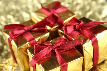 Colorful gift boxes tied with ribbons