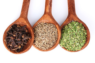 spices in the spoons isolated on white