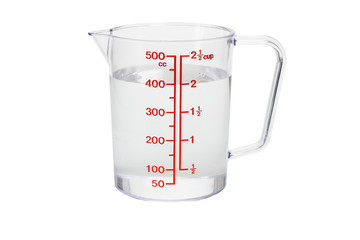 Plastic kitchen measuring cup filled with water