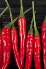 Spice, Thai red chili close up texture on black tray.