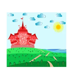 Deurstickers Kasteel Sprookjeslandschap met rood magisch kasteel. vector