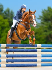 Rolgordijnen Equestrian sport: show jumping / young woman and sorrel stallion © Kseniya Abramova