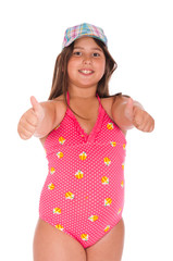 Girl in swimsuit showing thumbs up - 34069609