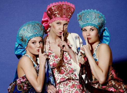 Three Girls In Traditional Russian Dress