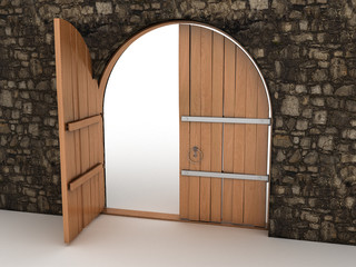 Open wooden doors in the fortress of stone