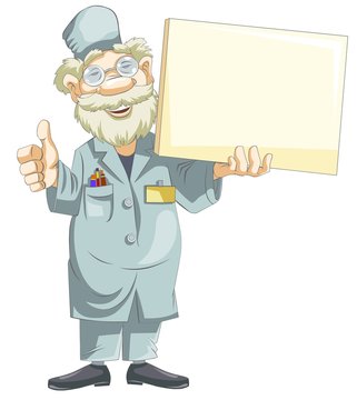 A smiling cartoon doctor holds a blank nameplate.