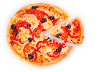 Pizza with olives and tomatoes closeup