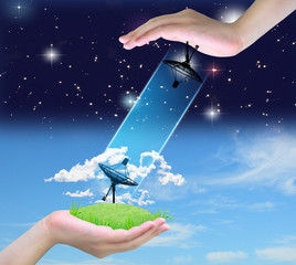 satellite dish connect in women hand