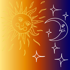 Vector illustration of Moon and Sun with faces