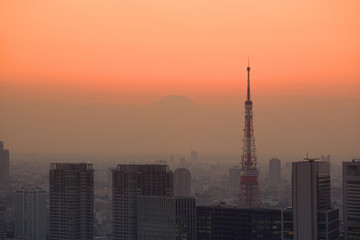 東京の夕焼けと富士山遠望
