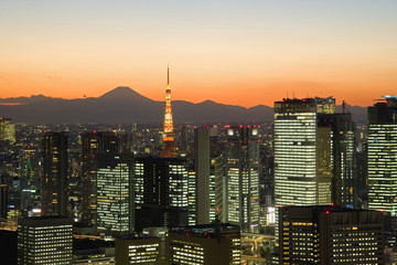 東京の夕焼けと富士山遠望