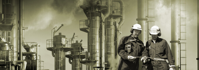 workers with oil and gas, smoke and smog
