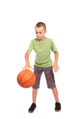 Child with basketball isolated on white background