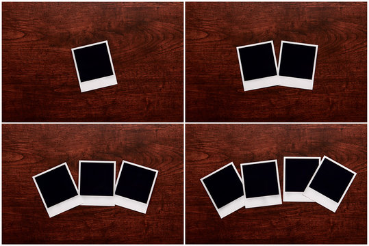 Empty instant photos on wooden table background collage of 4 pho