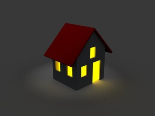 A dark house at night with a windows with a light