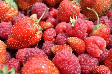 close-up of the fresh wild strawberry,strawberry,and  raspberry