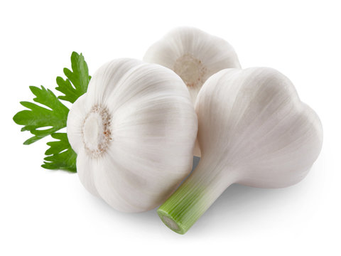 garlic decorated parsley leaves isolated on white background