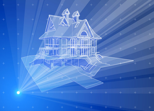 3d house: blue radial technology hologram
