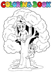Livre de coloriage avec des enfants et un arbre