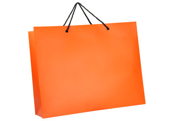 Bright orange shopping bag; isolated; black handles.