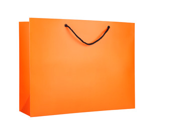 Bright orange paper shopping bag isolated on a white background