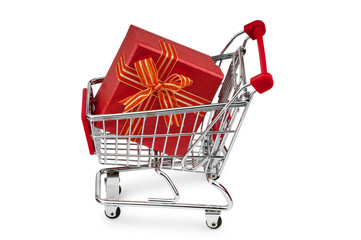 Shopping cart and giftboxes on white
