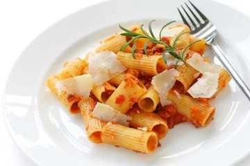 Printed kitchen splashbacks meal dishes rigatoni alla bolognese , italian pasta dish