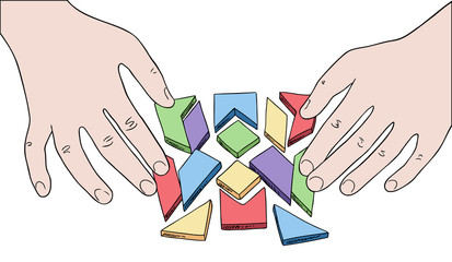 human hands assembling puzzle from multicolored pieces vector
