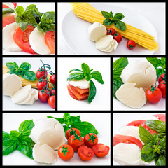 Italian food: spaghetti, mozzarella, cherry tomatoes and basil