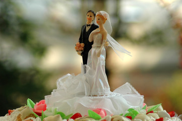 Bride and groom on top of wedding cake