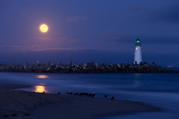 Santa Cruz harbor lighthouse by night