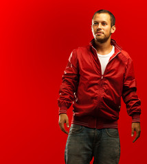 man with red jacket