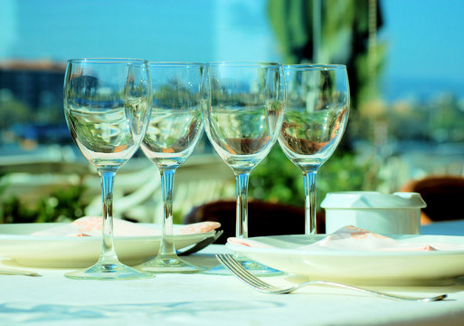 served table on a terrace at the Mediterranean restaurant, Barce