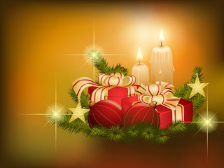 Christmas background with fir branches, baubles and candles