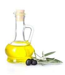 olive oil and olives isolated on white