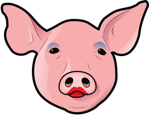 Obraz premium Pig's head with lipstick and eye shadow