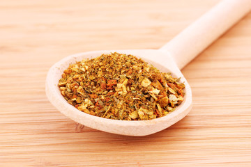 Spices in spoon on wooden table