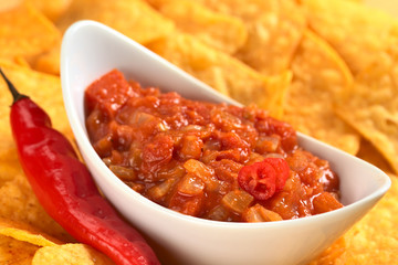 Hot tomato salsa with chili and cheese nachos
