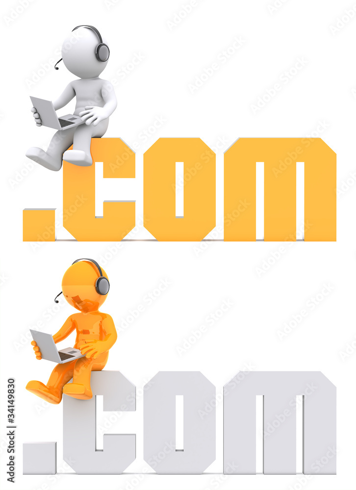 Aufkleber 3d character sitting on .com domain sign. isolated on white