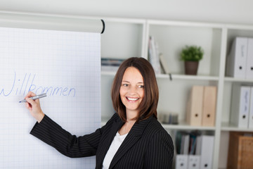 frau am flipchart schreibt willkommen