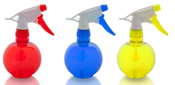 set of blank spray bottles isolated on white background