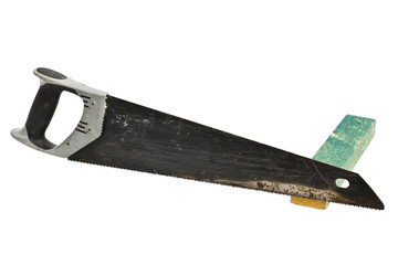 used handsaw with wood on white background