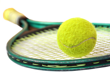 Dark Green Tennis Racket with Yellow Strings and Ball – Sporty Color Harmony Close-Up