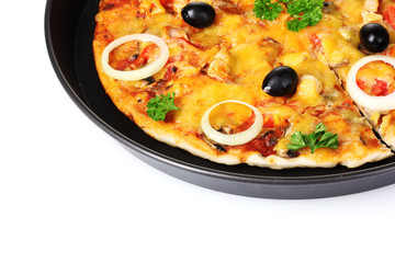 tasty pizza with olives in the pan isolated on white