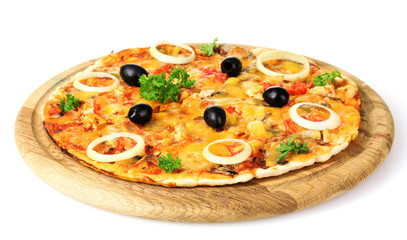 tasty pizza with olives on wooden stand isolated on white