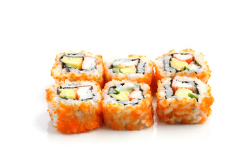 Sushi California Roll on dish isolated in white background