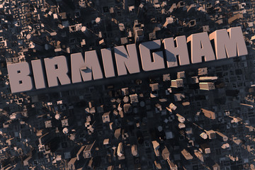 Luftansicht einer Stadt in 3D mit Schriftzug Birmingham