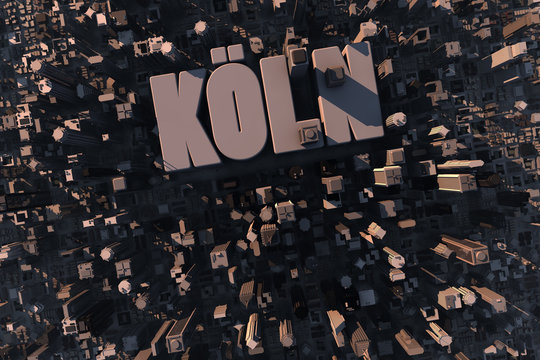 Luftansicht einer Stadt in 3D mit Schriftzug K&ouml;ln